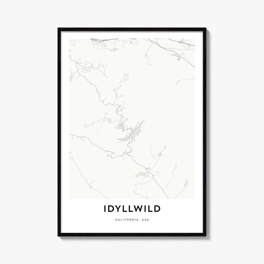 Idyllwild black & white map poster of California, USA – vertical wall art, unframed print shown in interior mockup