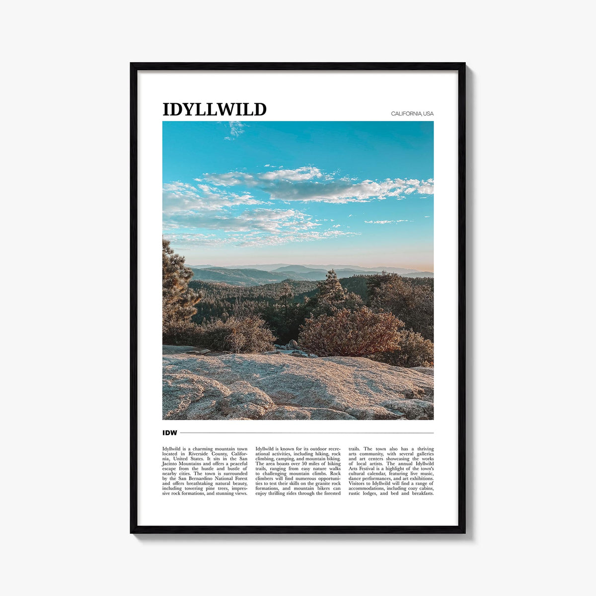 Idyllwild colorful travel poster of California, USA – vertical wall art, unframed print shown in interior mockup