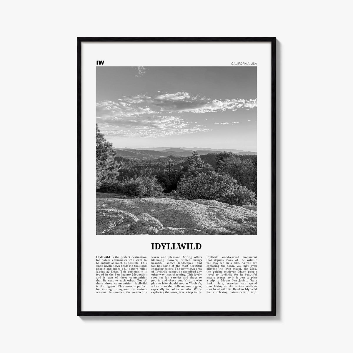 Idyllwild no. 1 black & white newspaper poster of California, USA – vertical wall art, unframed print shown in interior mocku