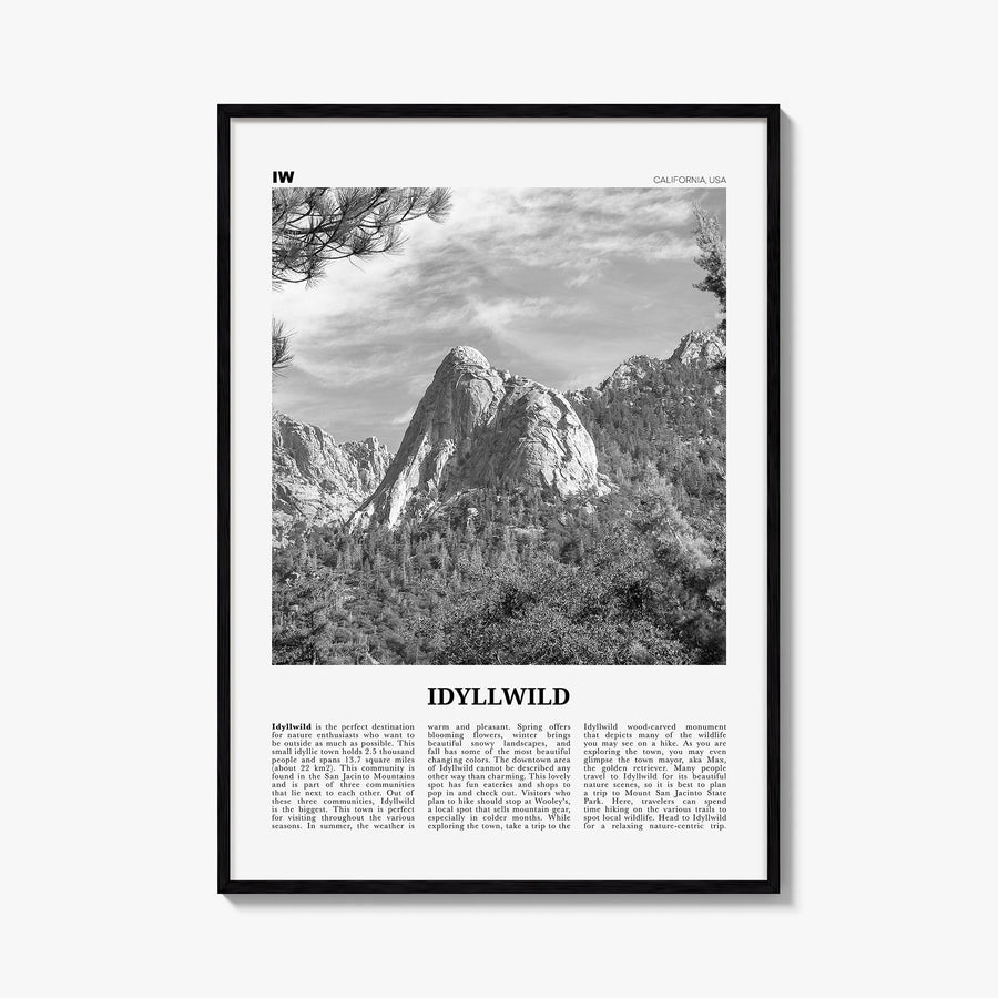 Idyllwild no. 2 black & white newspaper poster of California, USA – vertical wall art, unframed print shown in interior mocku