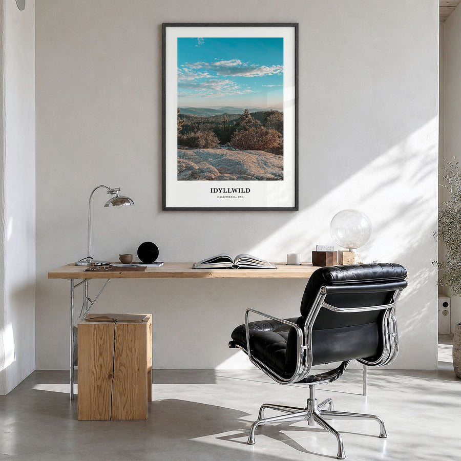 Idyllwild Classic Poster in a black wood frame, hanging in a bright home office