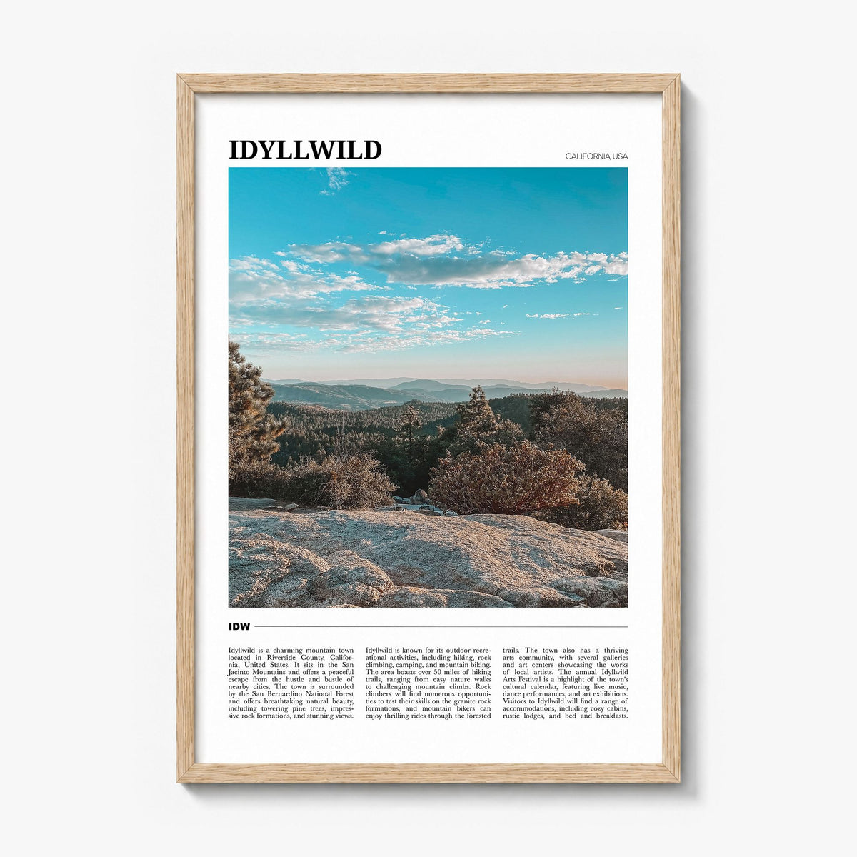 Idyllwild Travel Poster in a natural wood frame