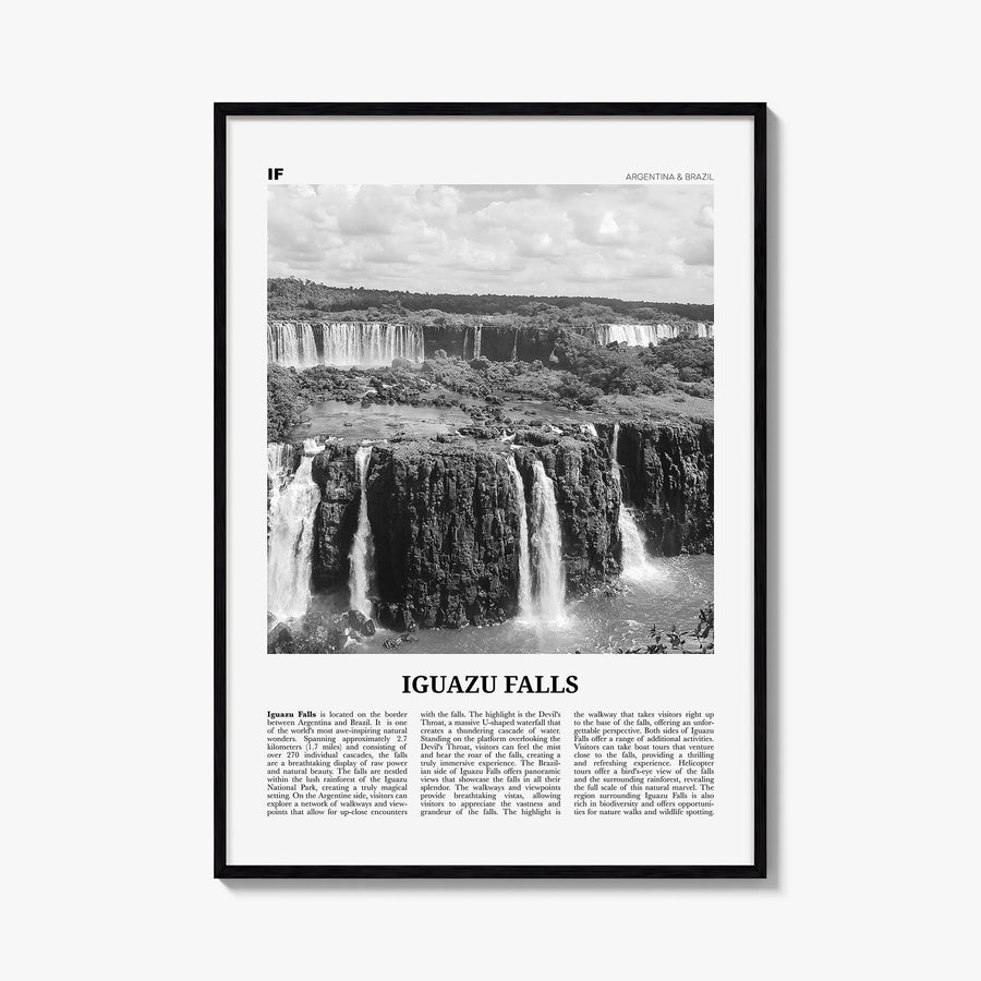Iguazu Falls black & white newspaper poster of South America – vertical wall art, unframed print shown in interior mockup