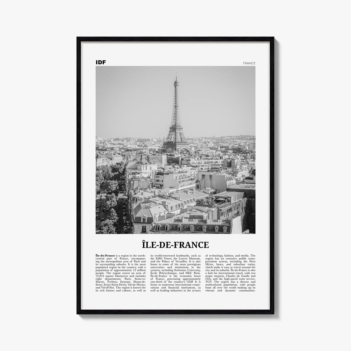 Île-de-France black & white newspaper poster of France – vertical wall art, unframed print shown in interior mockup