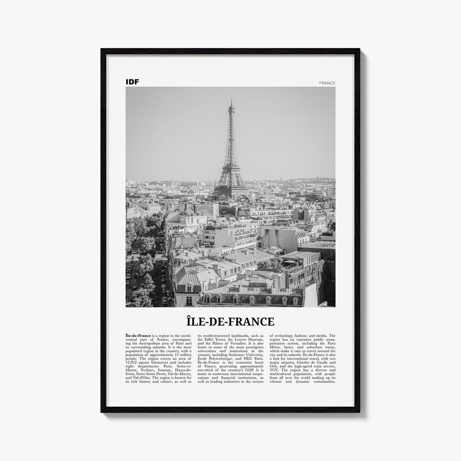 Île-de-France black & white newspaper poster of France – vertical wall art, unframed print shown in interior mockup