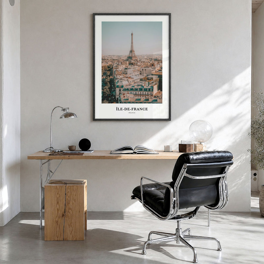 Île-de-France Classic Poster in a black wood frame, hanging in a bright home office