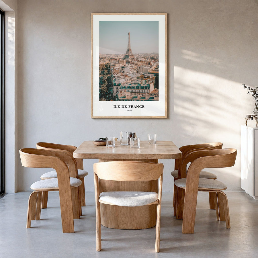 Île-de-France Classic Poster in a natural wood frame, hanging in a dining room