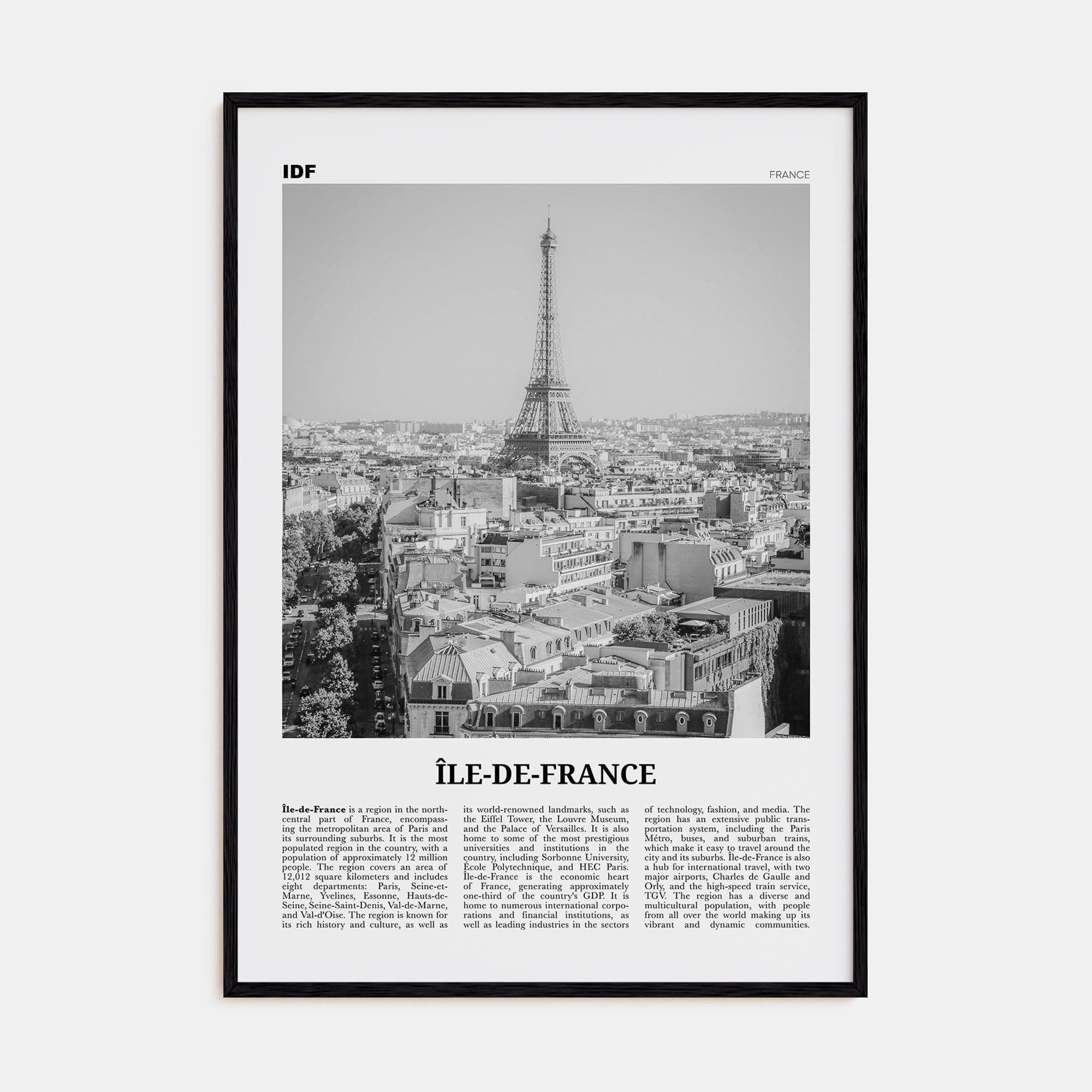 Île-de-France Poster Black Wood / 8x12 in Nbourhood Travel B&W Poster