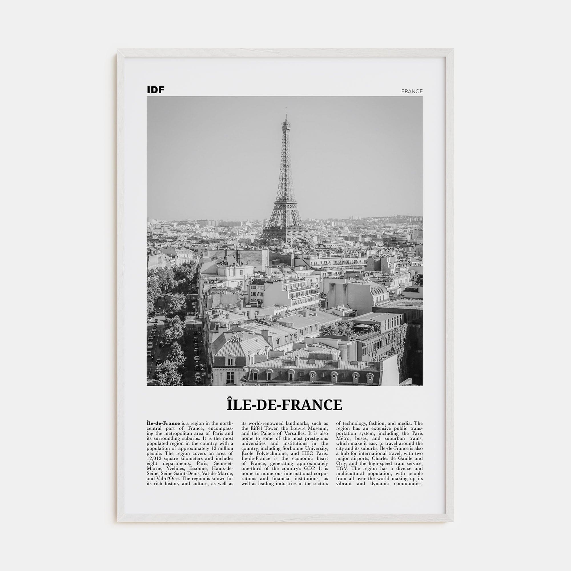 Île-de-France Poster White Wood / 8x12 in Nbourhood Travel B&W Poster