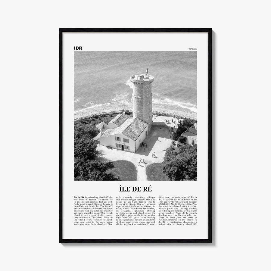 Île de Ré black & white newspaper poster of France – vertical wall art, unframed print shown in interior mockup