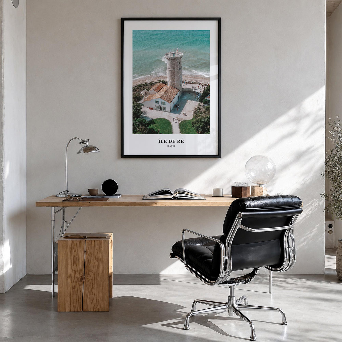 Île de Ré colorful classic poster of France – vertical wall art in black wood frame, hanging on wall