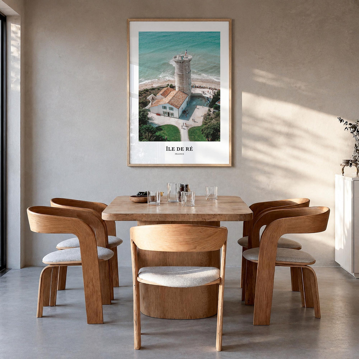 Île de Ré colorful classic poster of France – vertical wall art in natural wood frame, hanging on wall
