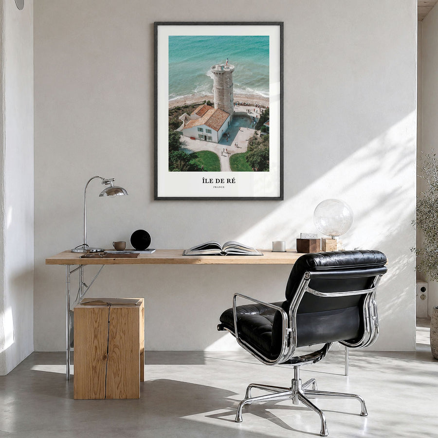 Île de Ré Classic Poster in a black wood frame, hanging in a bright home office