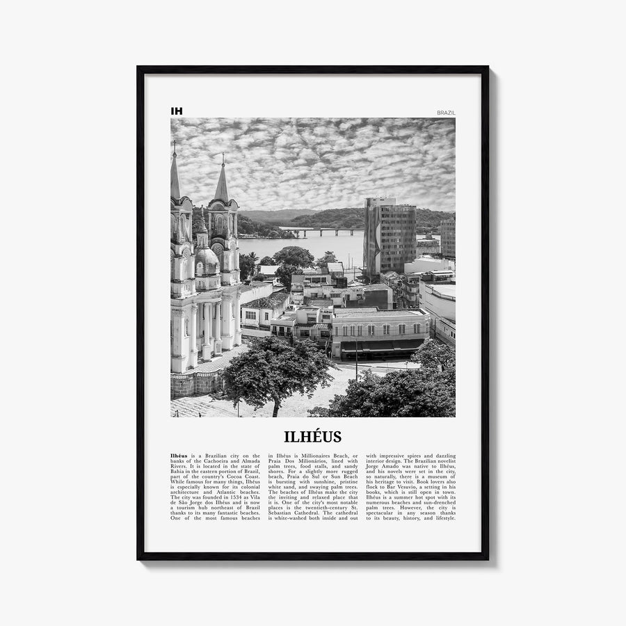 Ilhéus black & white newspaper poster of Brazil – vertical wall art, unframed print shown in interior mockup