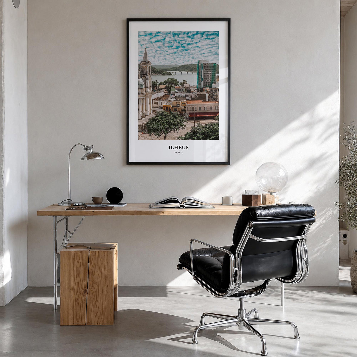Ilhéus colorful classic poster of Brazil – vertical wall art in black wood frame, hanging on wall