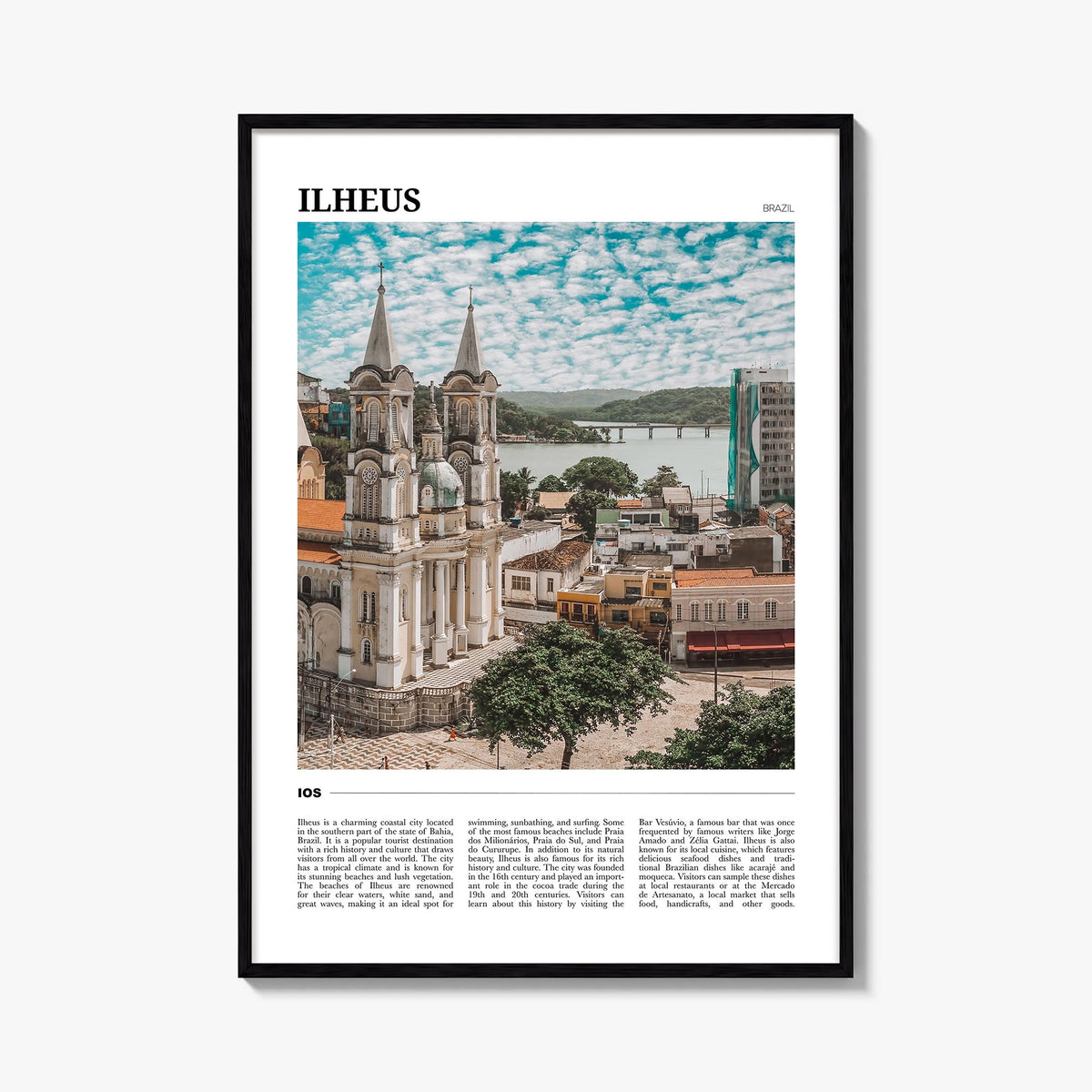 Ilhéus colorful travel poster of Brazil – vertical wall art, unframed print shown in interior mockup