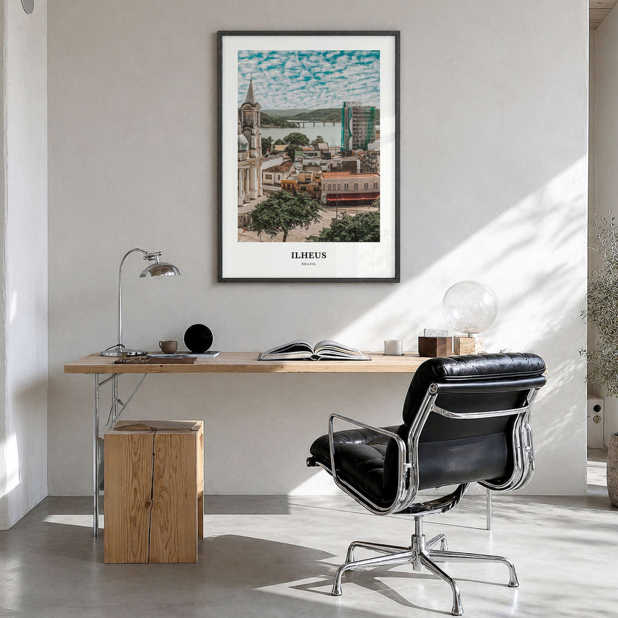 Ilhéus Classic Poster in a black wood frame, hanging in a bright home office