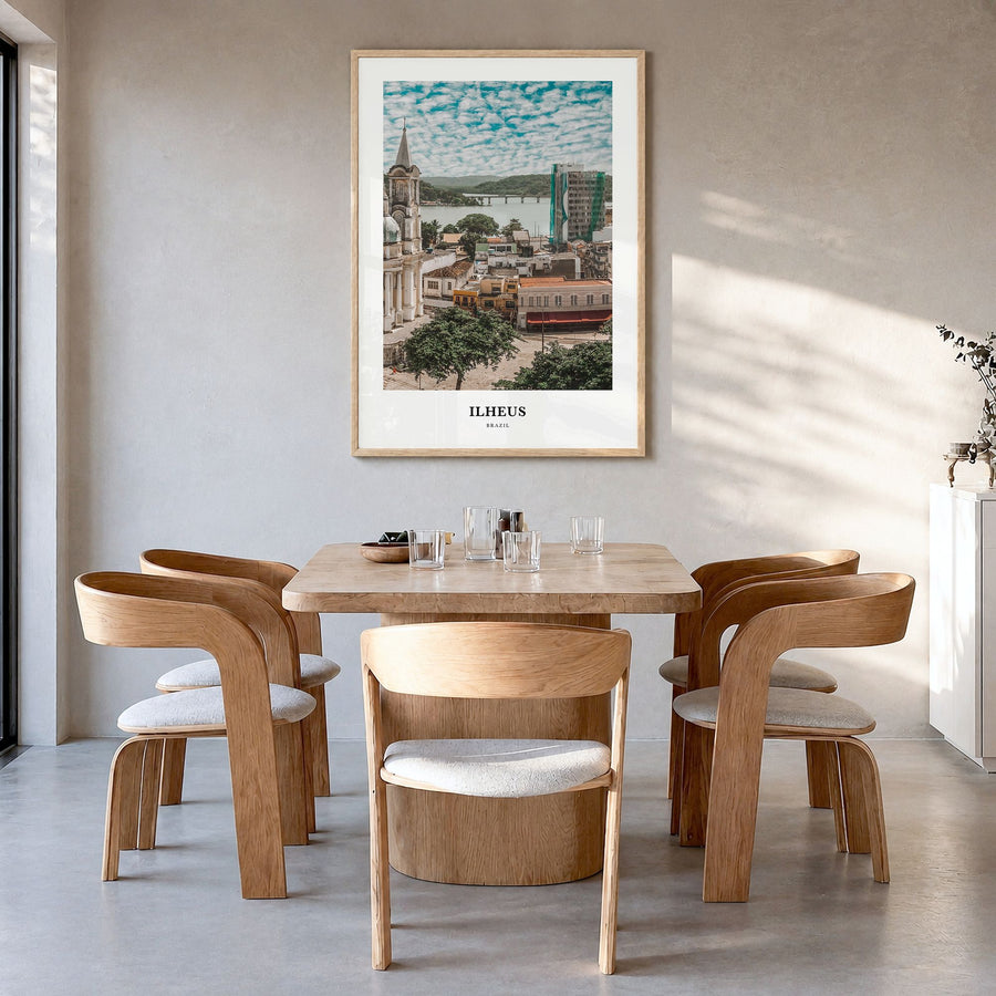 Ilhéus Classic Poster in a natural wood frame, hanging in a dining room