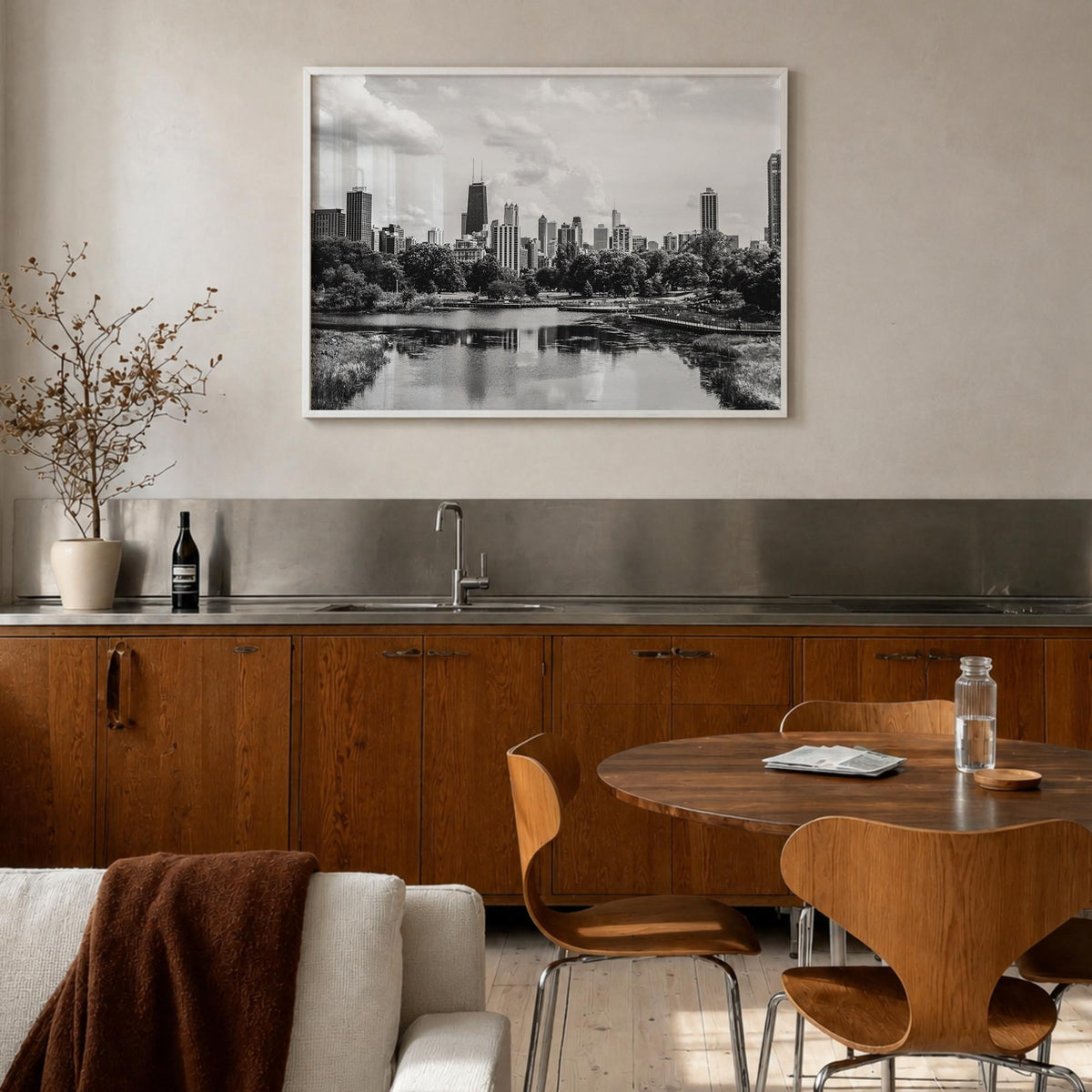 Illinois black & white photo poster of United States – horizontal wall art in white wood frame, hanging on wall