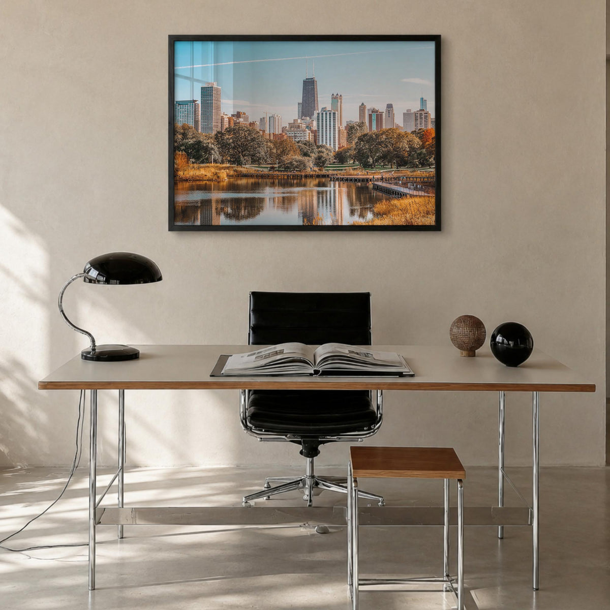 Illinois colorful photo poster of United States – horizontal wall art in black wood frame, hanging on wall