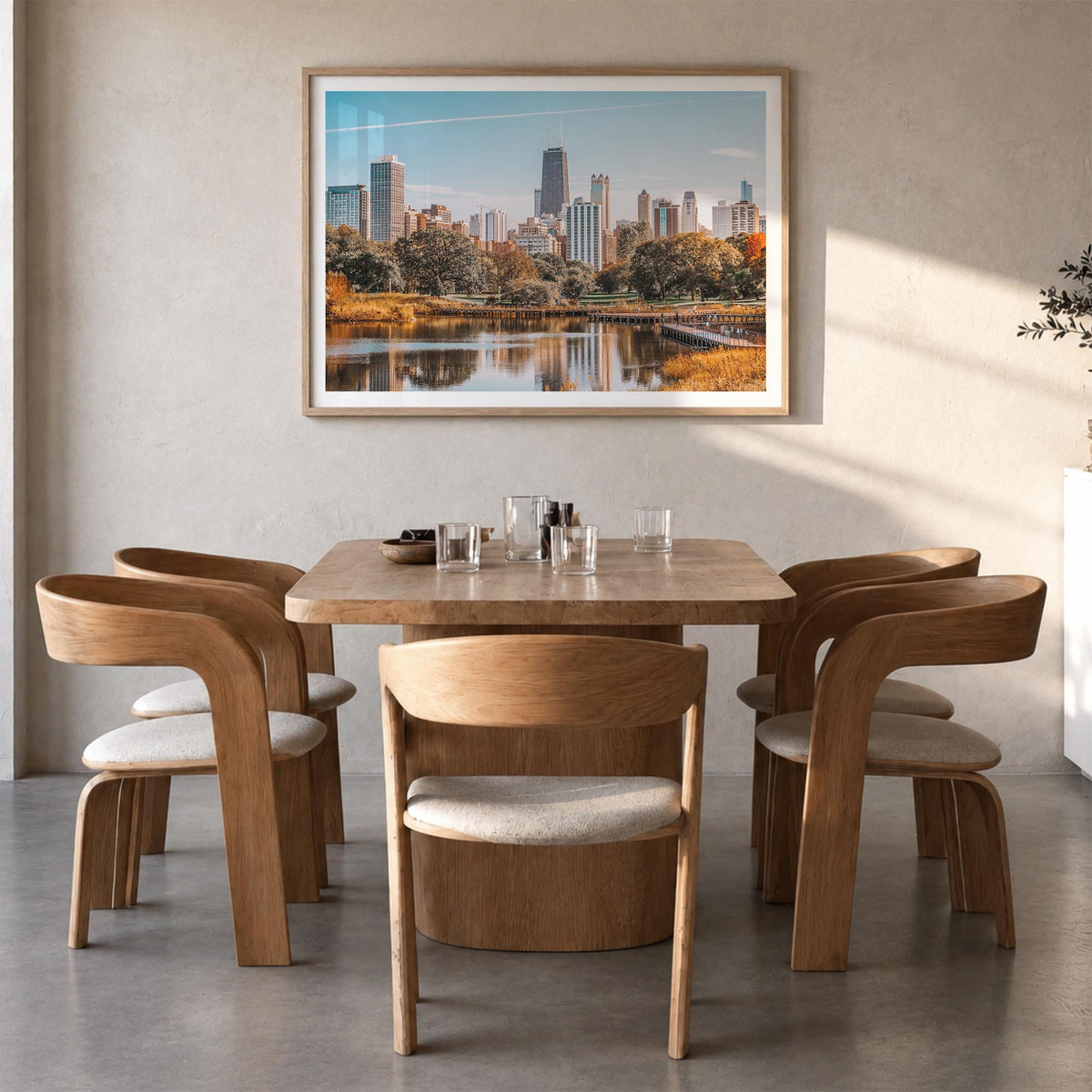 Illinois colorful photo poster of United States – horizontal wall art in natural wood frame with white border, hanging on wal