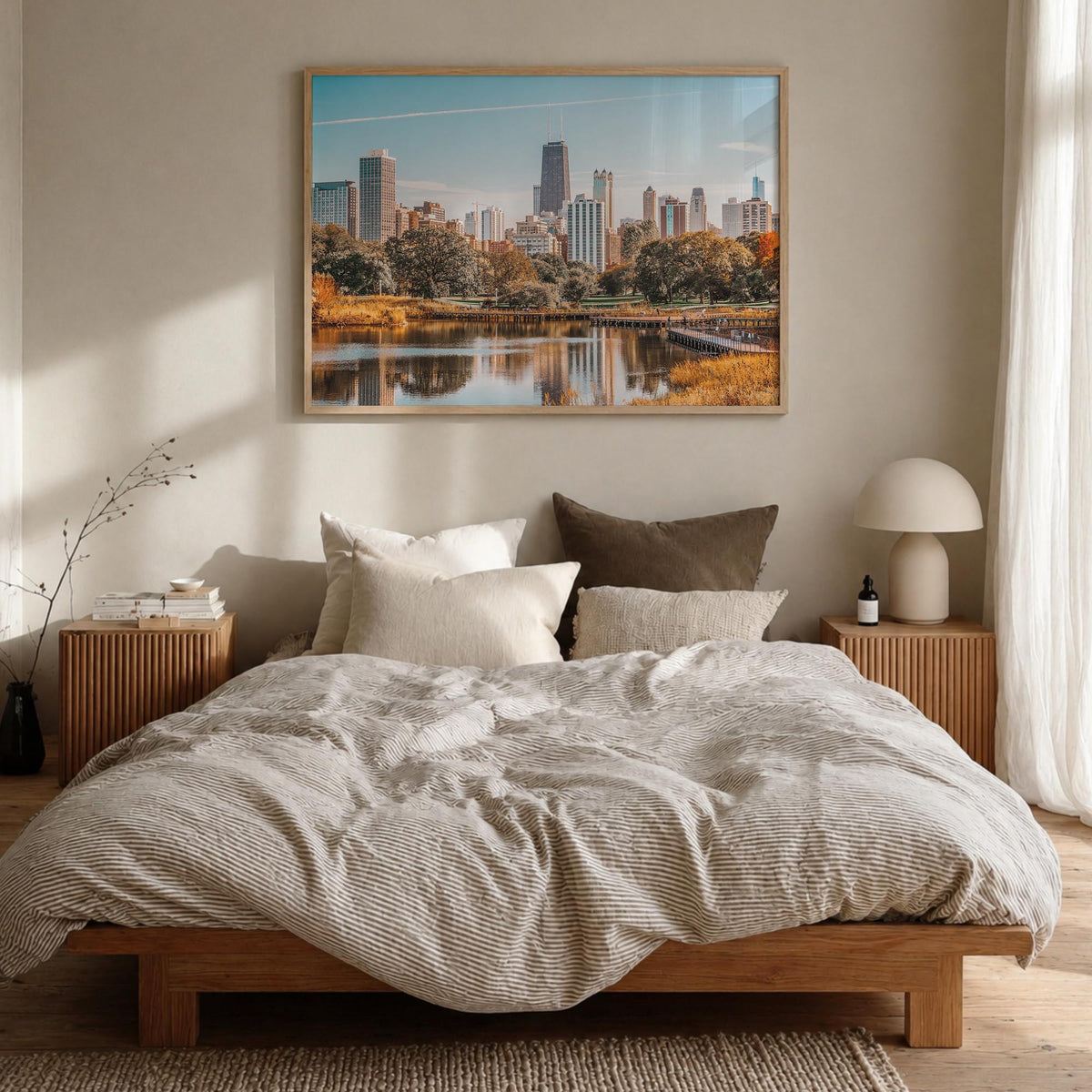 Illinois colorful photo poster of United States – horizontal wall art in natural wood frame, hanging on wall