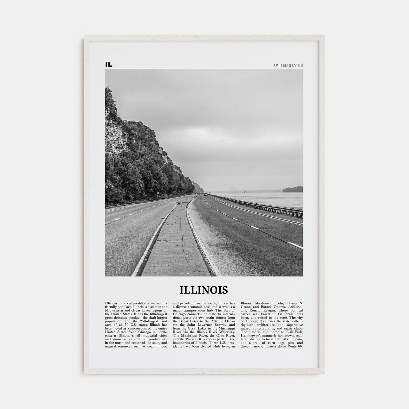 Illinois No 1 Poster White Wood / 8x12 in Nbourhood Travel B&W Poster