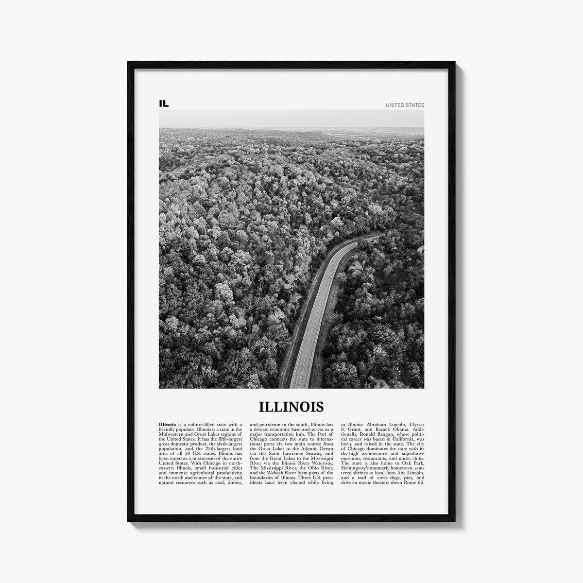 Illinois no. 2 black & white newspaper poster of United States – vertical wall art, unframed print shown in interior mockup
