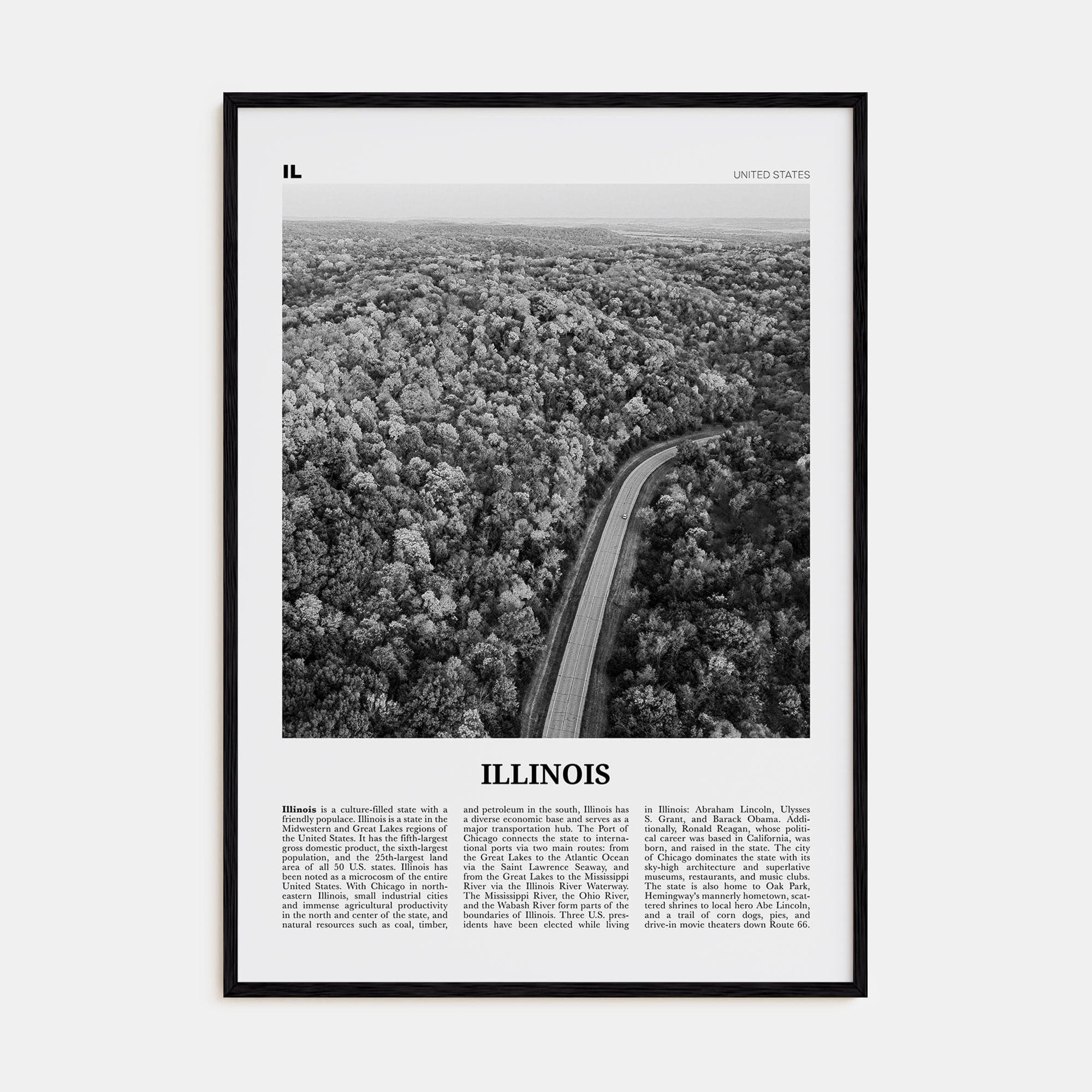 Illinois No 2 Poster Black Wood / 8x12 in Nbourhood Travel B&W Poster