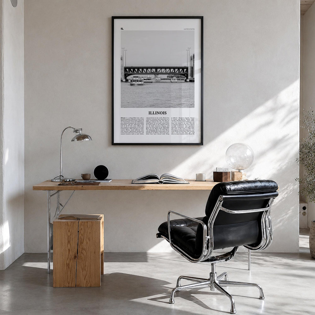 Illinois no. 4 black & white newspaper poster of United States – vertical wall art in black wood frame, hanging on wall