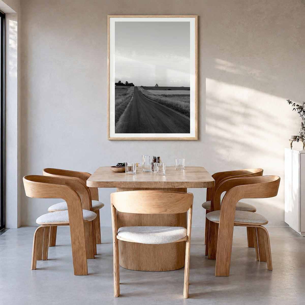 Illinois Photo Poster in a natural wood frame, hanging in a dining room, white border