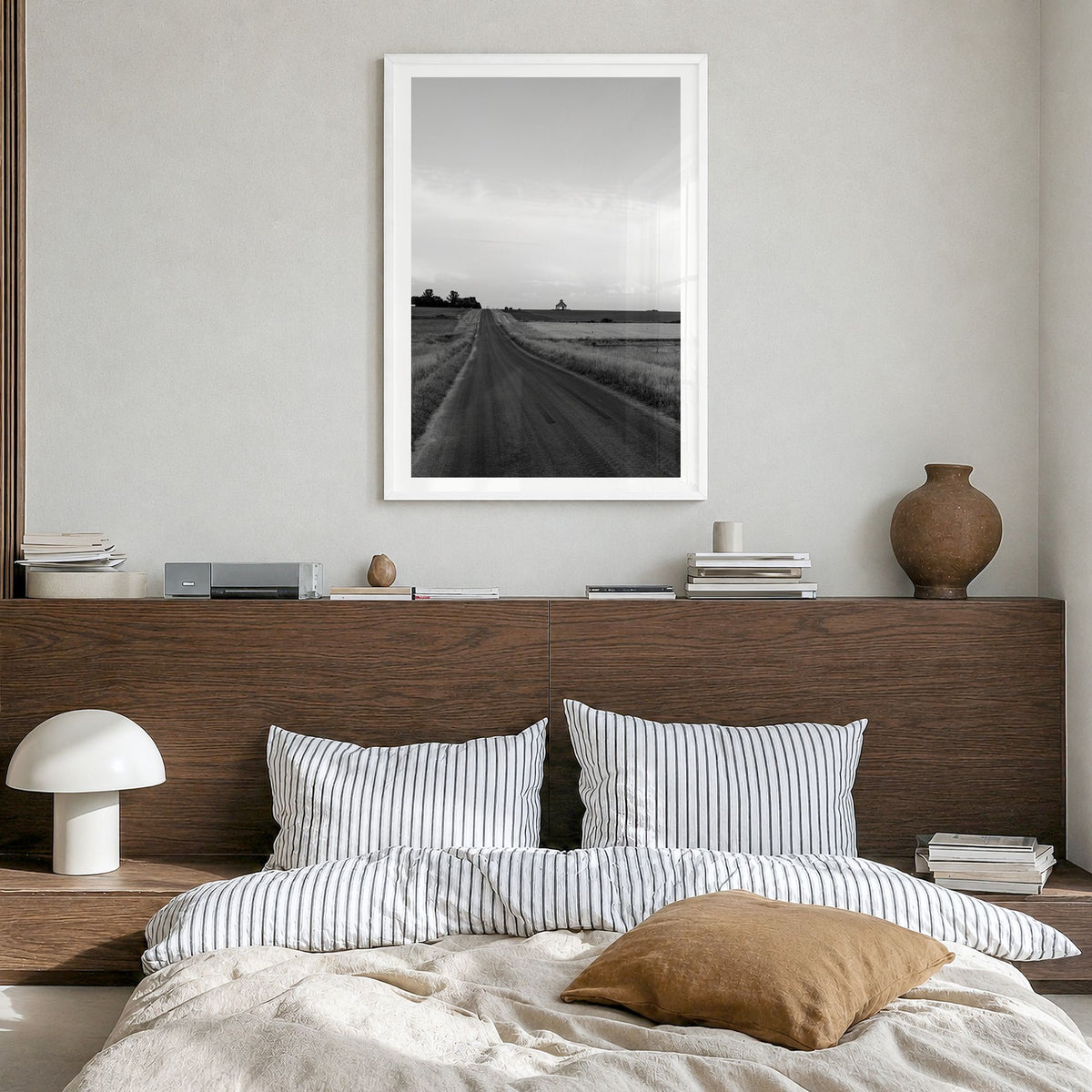 Illinois Photo Poster in a white wood frame, hanging in a bedroom, white border