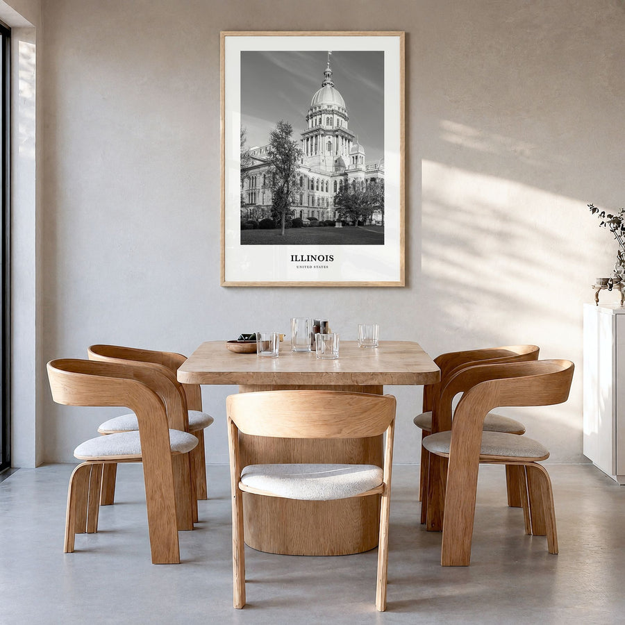 Illinois Classic No 1 Poster in a natural wood frame, hanging in a dining room