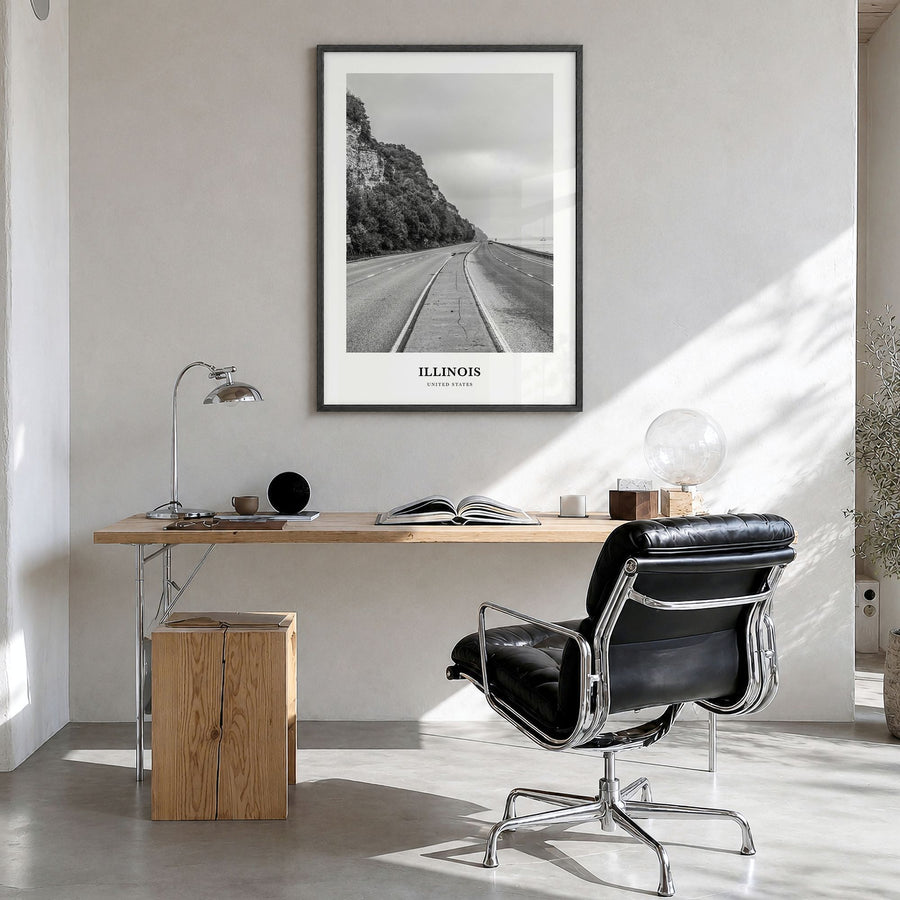 Illinois Classic No 2 Poster in a black wood frame, hanging in a bright home office