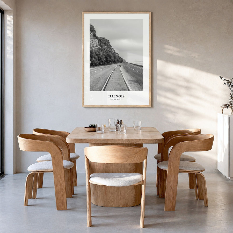 Illinois Classic No 2 Poster in a natural wood frame, hanging in a dining room