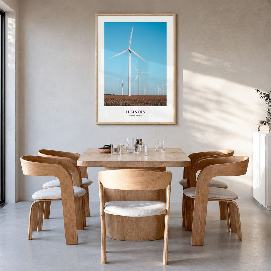 Illinois Classic No 1 Poster in a natural wood frame, hanging in a dining room