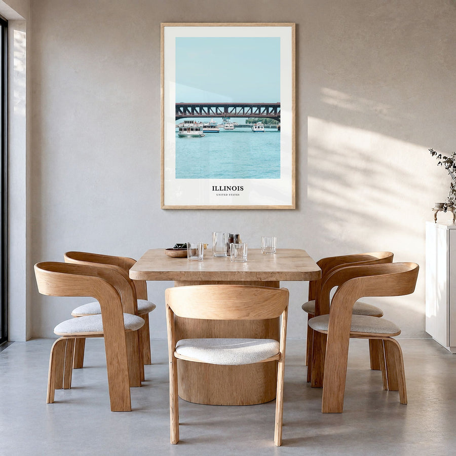 Illinois Classic No 2 Poster in a natural wood frame, hanging in a dining room