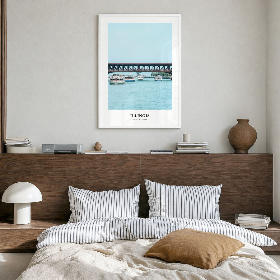 Illinois Classic No 2 Poster in a white wood frame, hanging in a bedroom