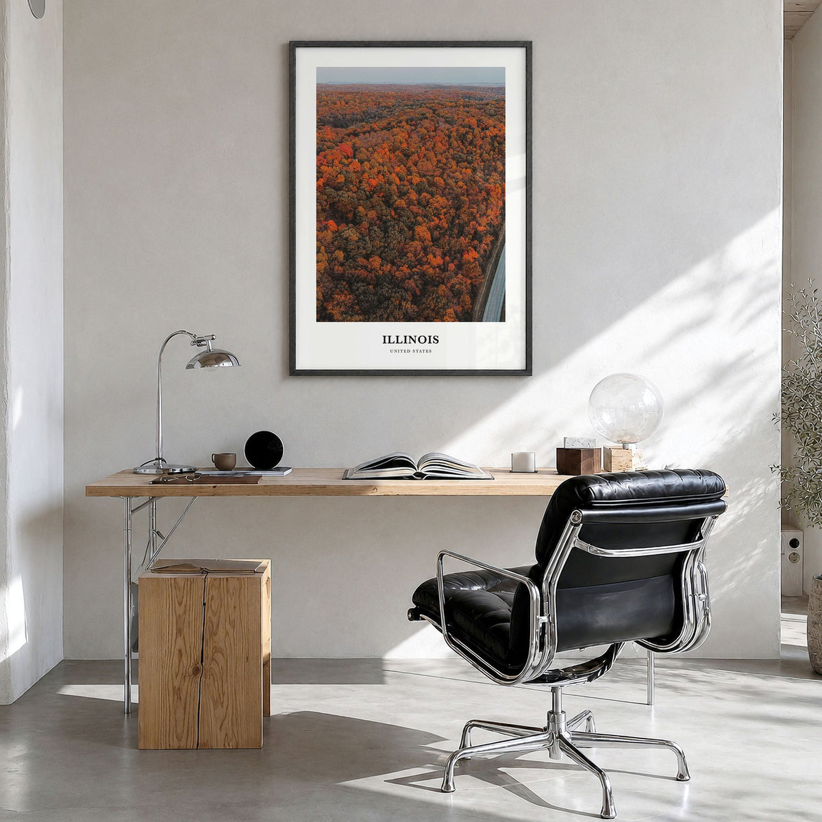 Illinois Classic No 3 Poster in a black wood frame, hanging in a bright home office