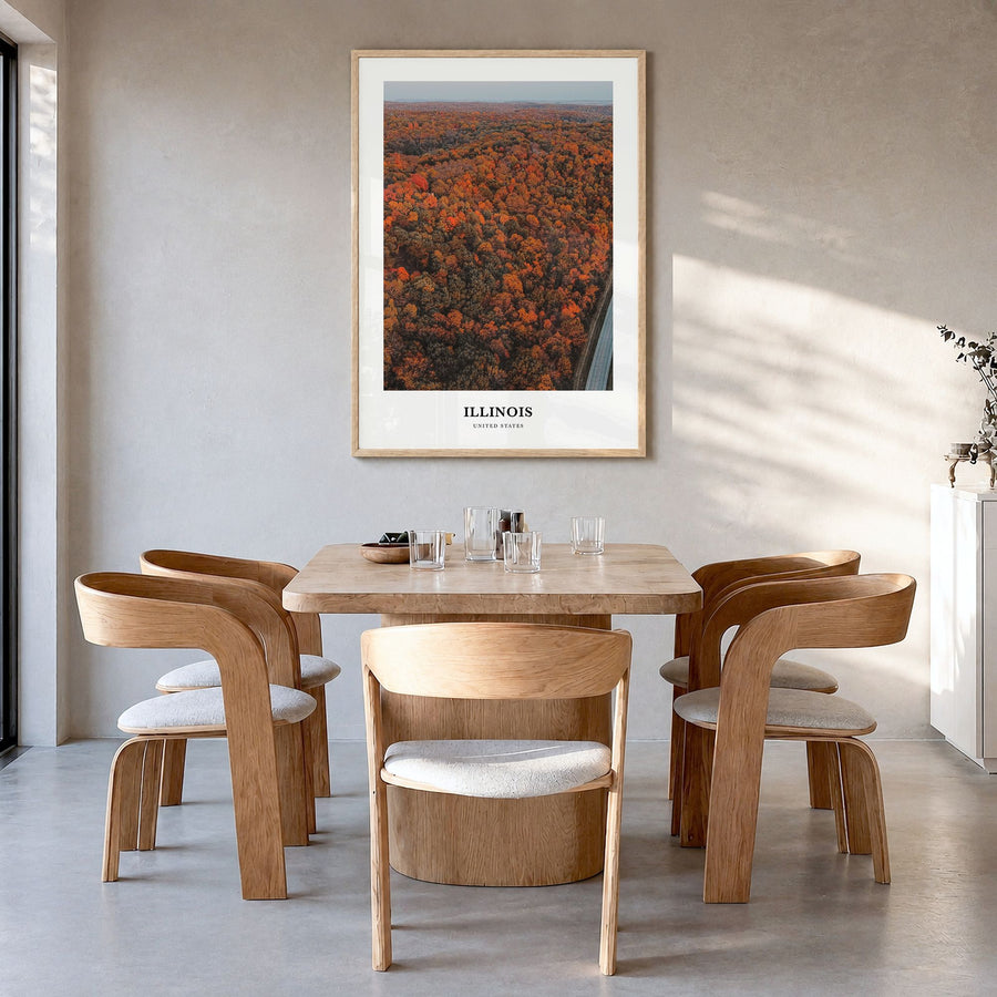 Illinois Classic No 3 Poster in a natural wood frame, hanging in a dining room