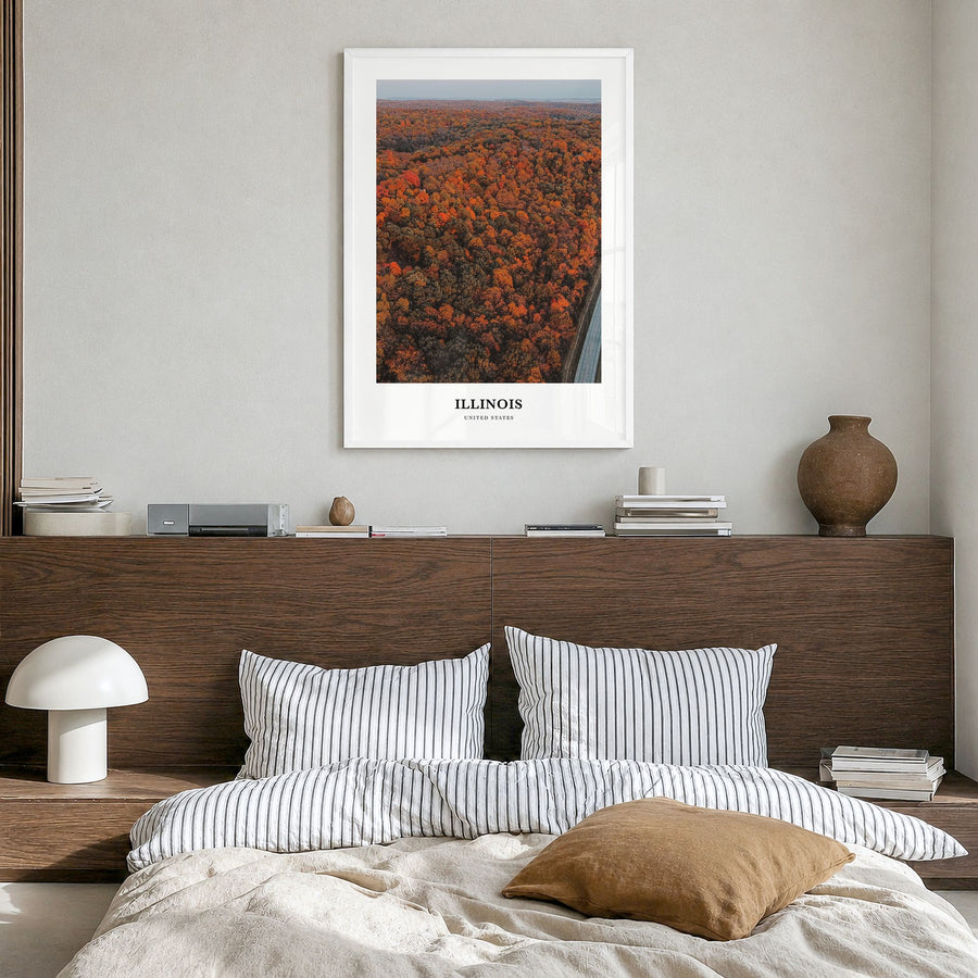 Illinois Classic No 3 Poster in a white wood frame, hanging in a bedroom