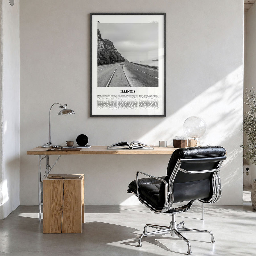 Illinois Newspaper No 1 Poster in a black wood frame, hanging in a bright home office