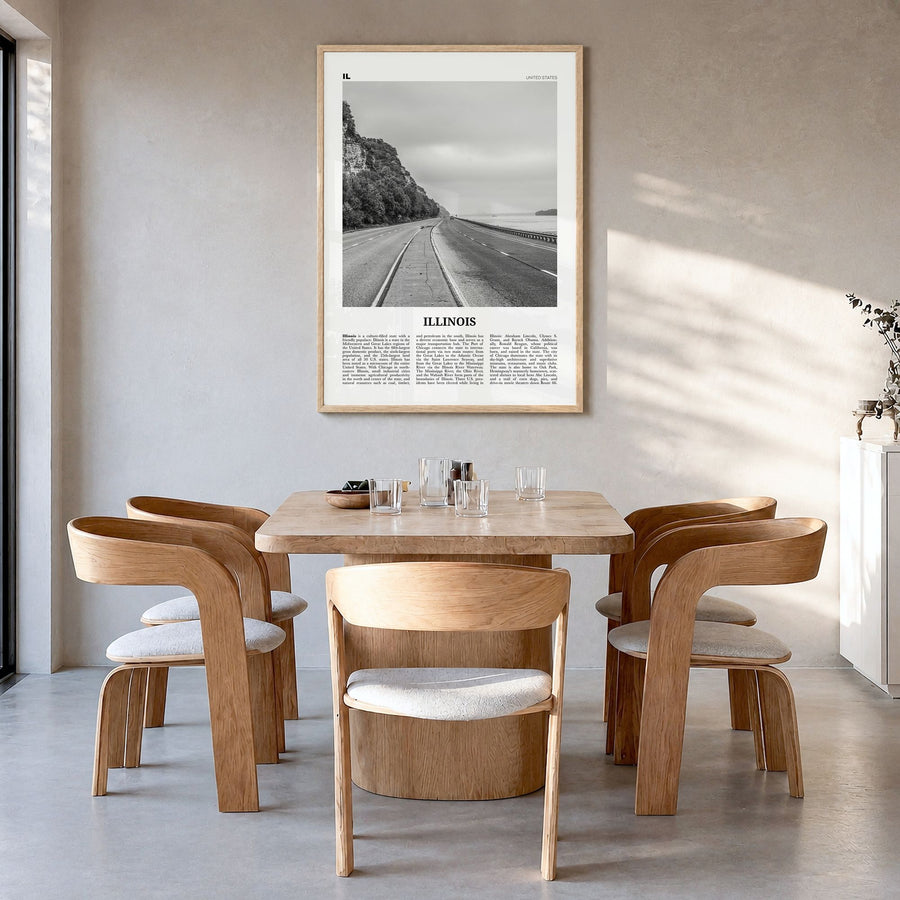 Illinois Newspaper No 1 Poster in a natural wood frame, hanging in a dining room