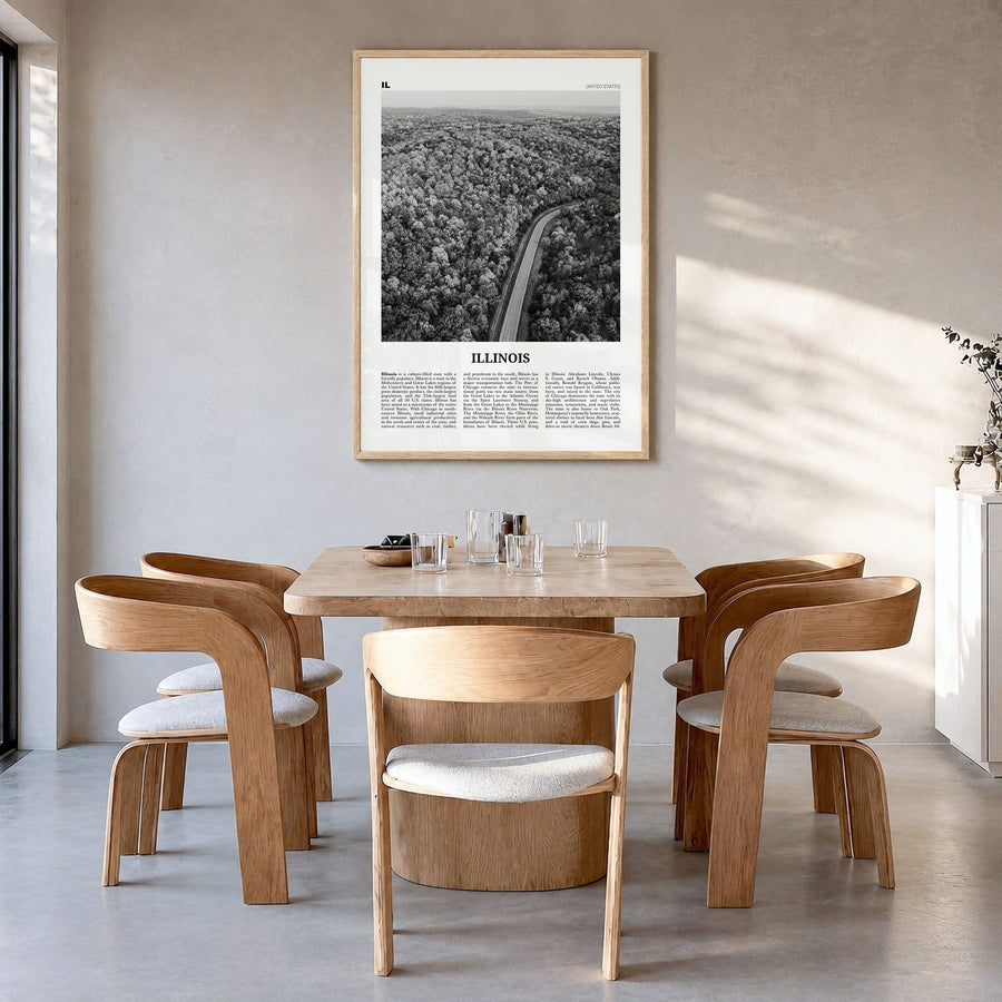 Illinois Newspaper No 2 Poster in a natural wood frame, hanging in a dining room