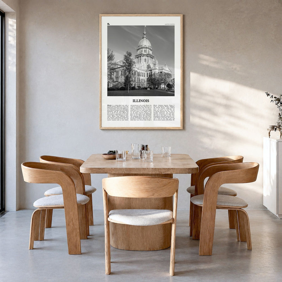 Illinois Newspaper No 3 Poster in a natural wood frame, hanging in a dining room