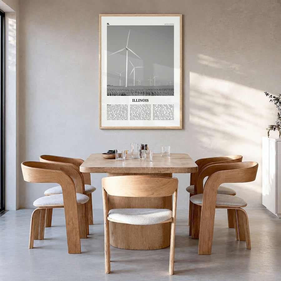 Illinois Newspaper No 5 Poster in a natural wood frame, hanging in a dining room