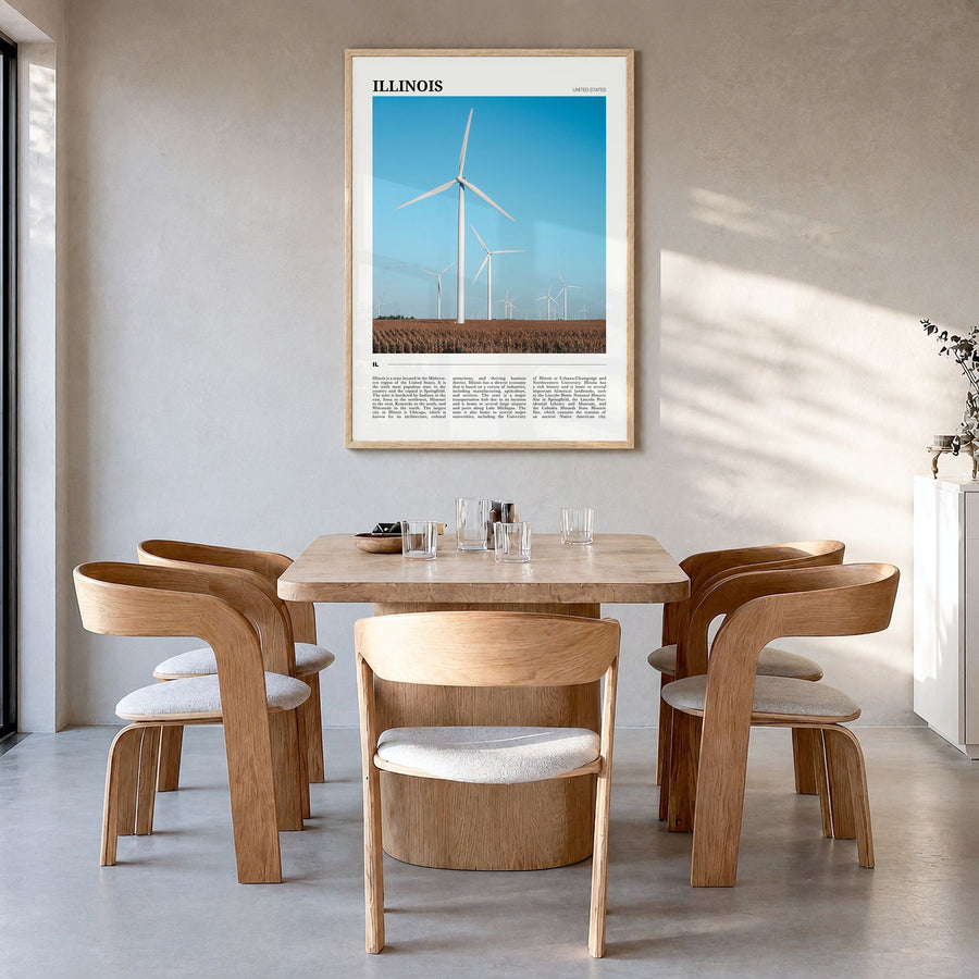 Illinois Travel No 1 Poster in a natural wood frame, hanging in a dining room