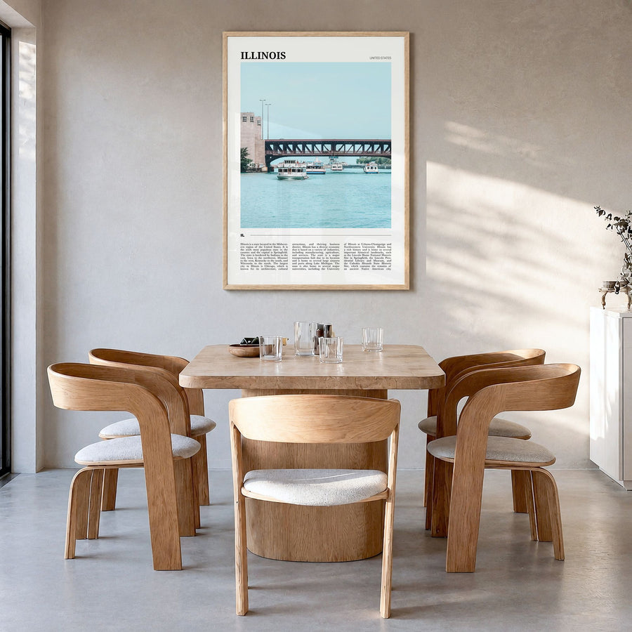 Illinois Travel No 2 Poster in a natural wood frame, hanging in a dining room