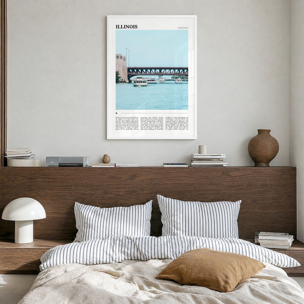 Illinois Travel No 2 Poster in a white wood frame, hanging in a bedroom