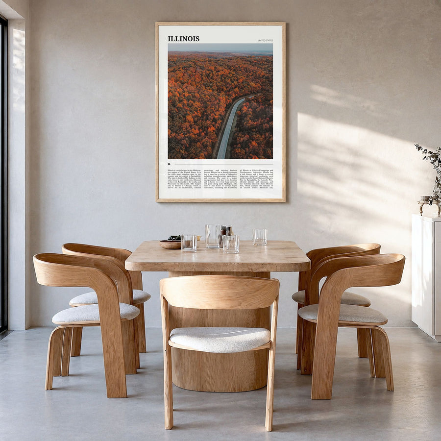 Illinois Travel No 3 Poster in a natural wood frame, hanging in a dining room